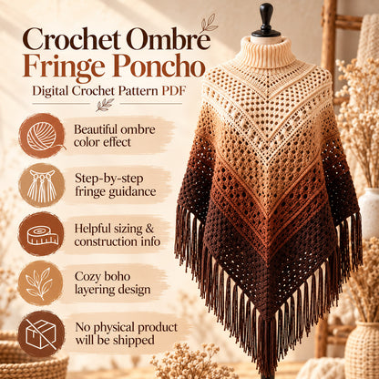 Crochet Ombre Fringe Poncho Pattern PDF – Boho Granny Stripe Wrap