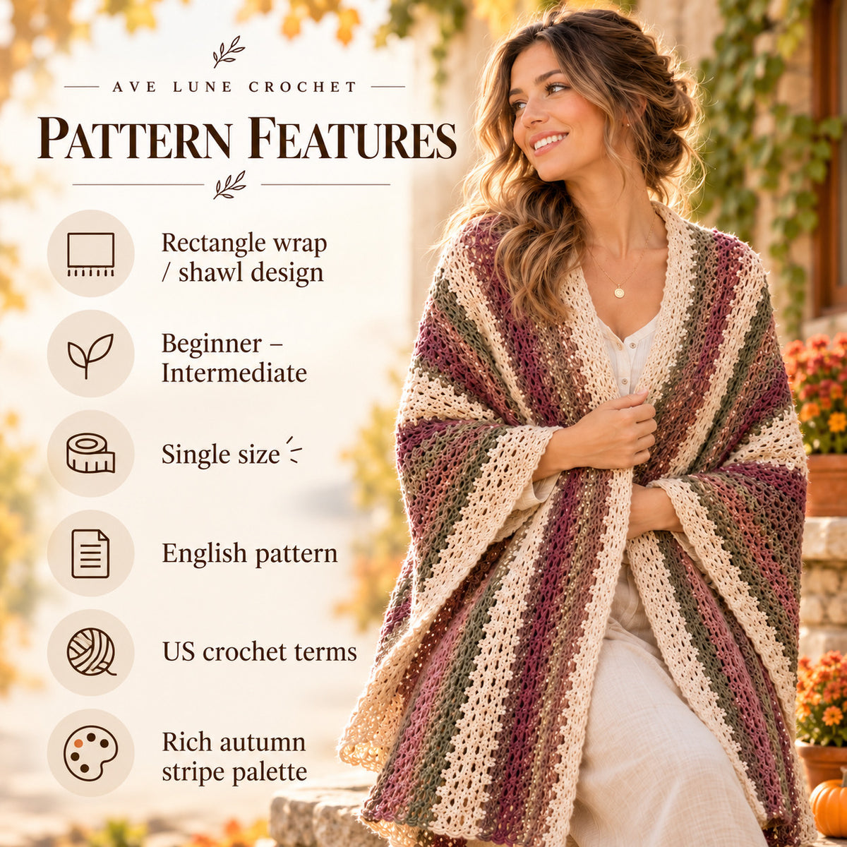 Crochet Wrap Pattern PDF – Autumn Striped Shawl, Boho Rectangle Wrap