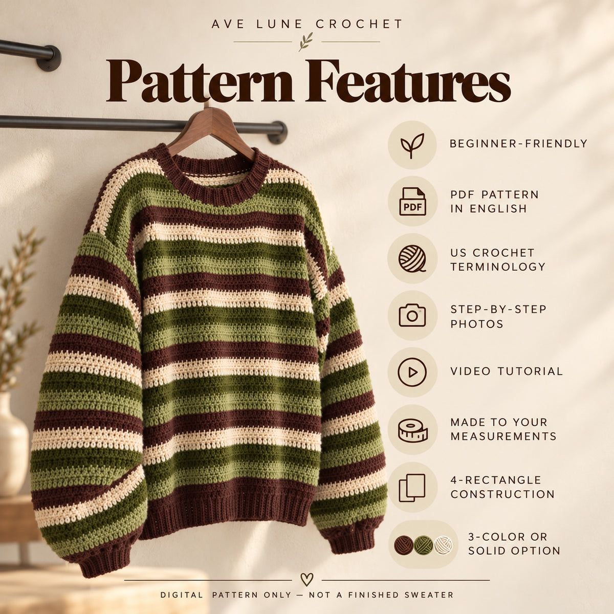 Striped Crochet Jumper Pattern PDF + Video Tutorial – Beginner Friendly Sweater