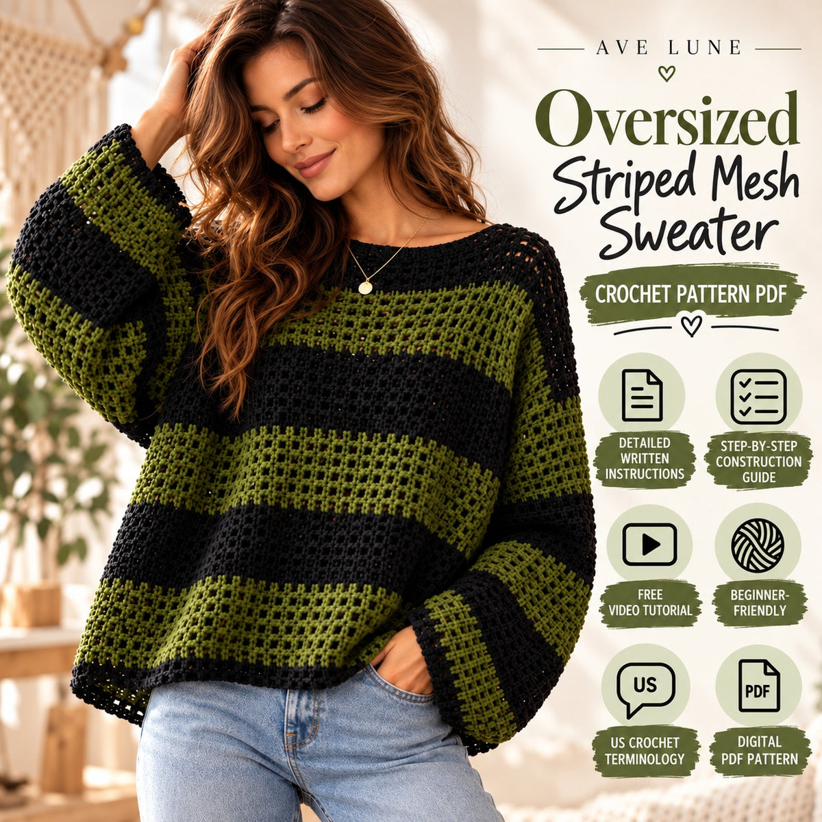 Oversized Striped Mesh Sweater Crochet Pattern PDF – Beginner Friendly Pullover