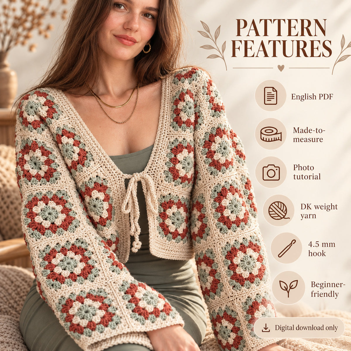 Granny Square Cardigan Crochet Pattern PDF – Tie Front, Made to Measure