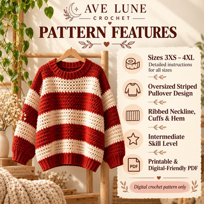 Oversized Striped Crochet Sweater Pattern PDF – Sizes 3XS–4XL Pullover
