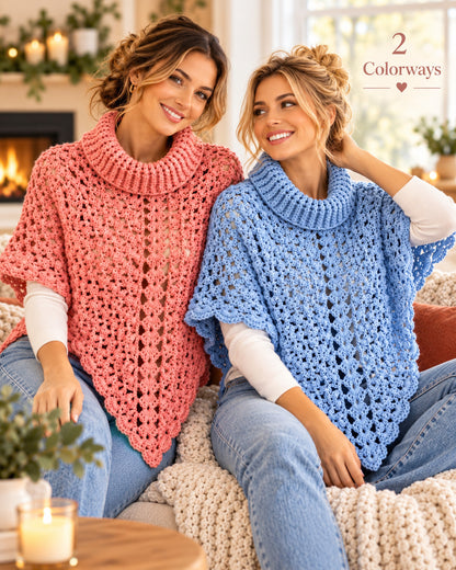 Turtleneck Poncho Crochet Pattern PDF – Openwork Lace Poncho for Women