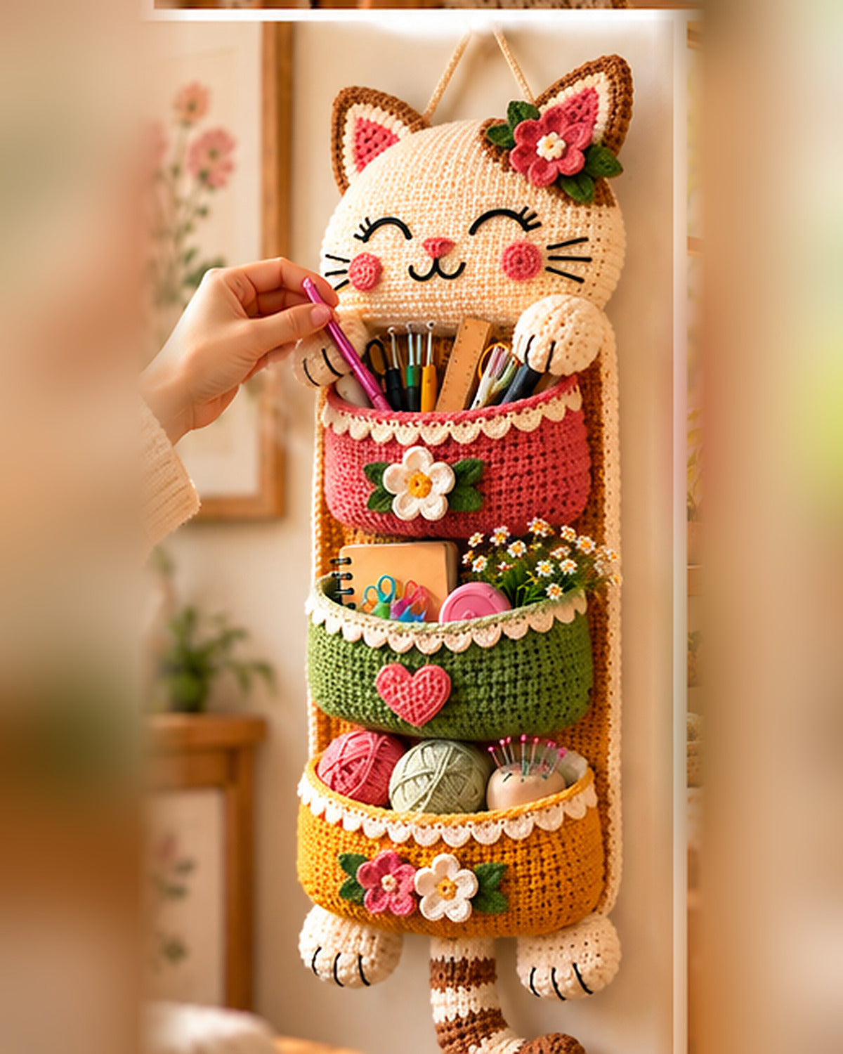 Crochet Cat Wall Organizer Pattern PDF – 3-Pocket Hanging Storage