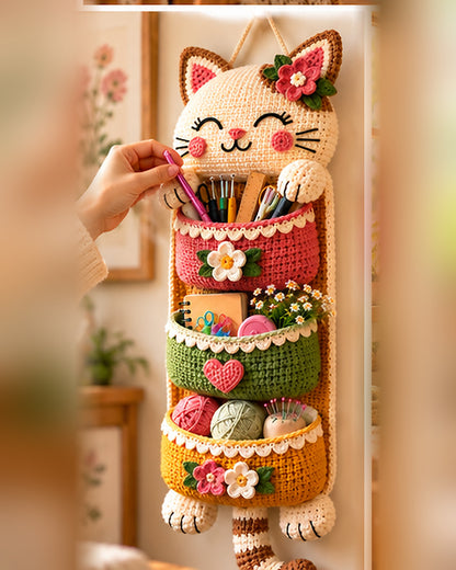 Crochet Cat Wall Organizer Pattern PDF – 3-Pocket Hanging Storage