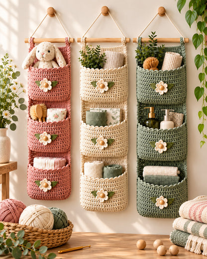Crochet Wall Organizer Pattern PDF – 3 Sizes, Floral Hanging Storage
