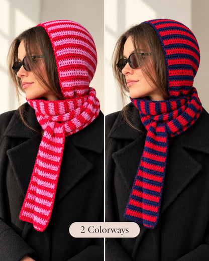 Crochet Hooded Scarf Pattern PDF + Video Tutorial – Striped Sophie Hood