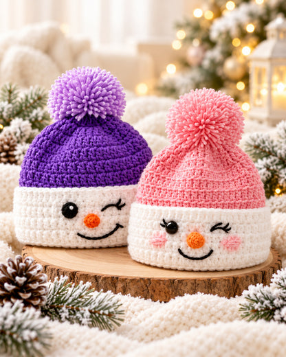 Snowman Crochet Beanie Pattern PDF – Purple & Pink Winter Hat