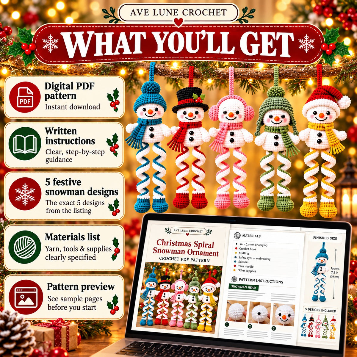 Christmas Spiral Snowman Crochet Pattern PDF – 5 Festive Ornament Designs