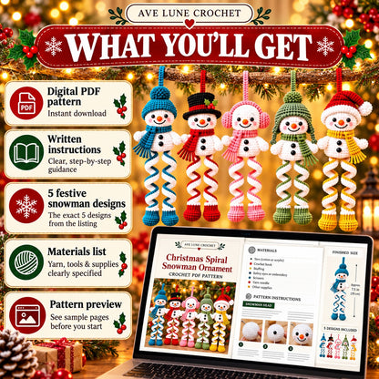 Christmas Spiral Snowman Crochet Pattern PDF – 5 Festive Ornament Designs