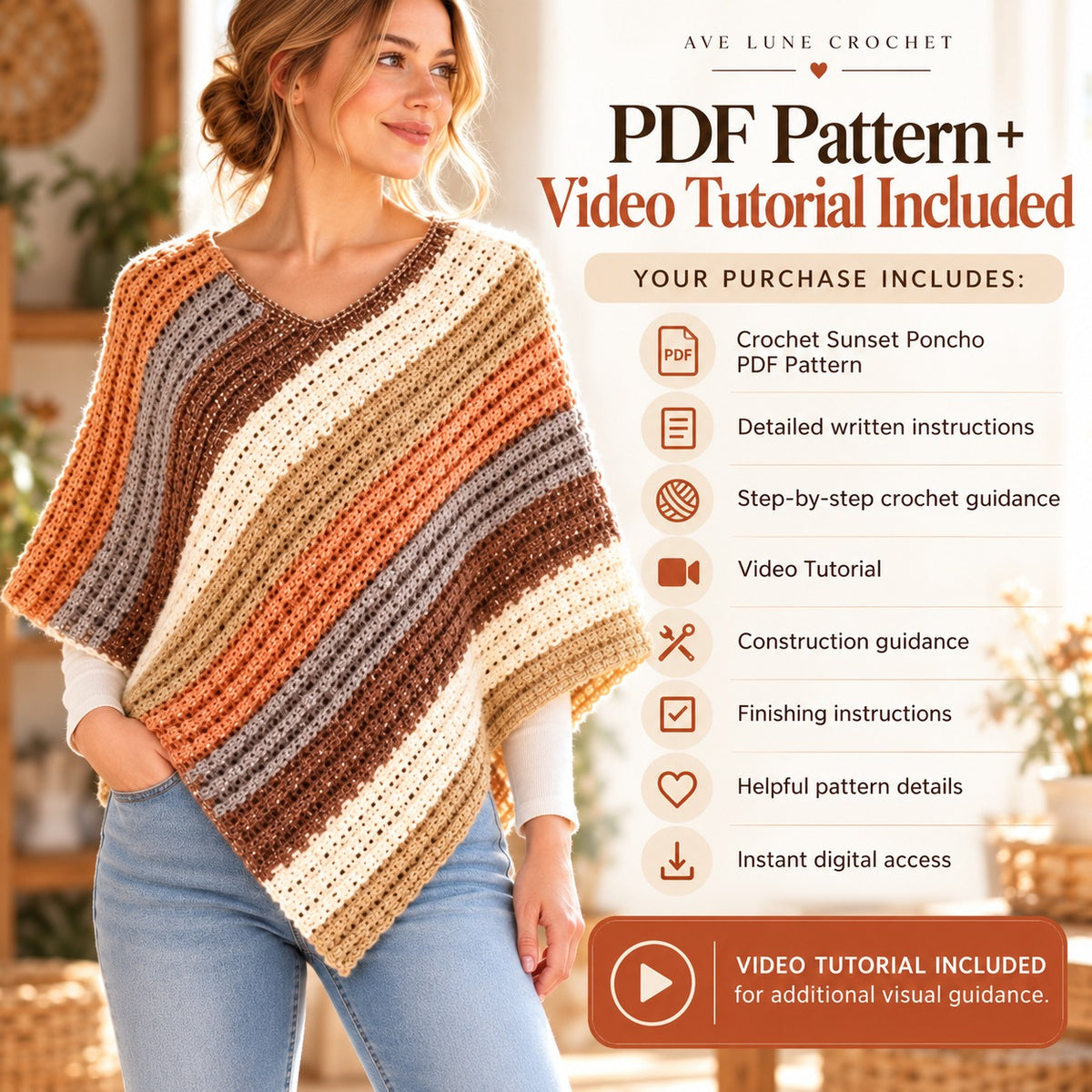 Crochet Sunset Poncho Pattern PDF + Video Tutorial – Boho Striped Wrap
