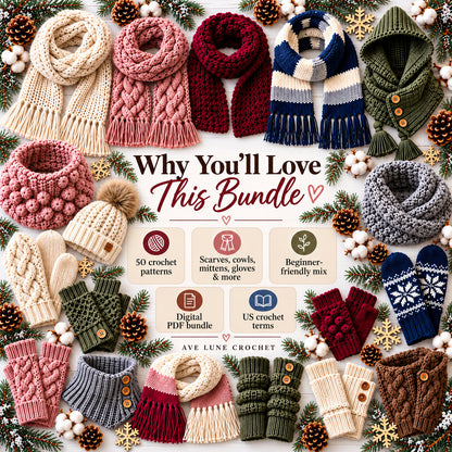 50 Winter Accessories Crochet Patterns Bundle PDF – Scarves & Mittens