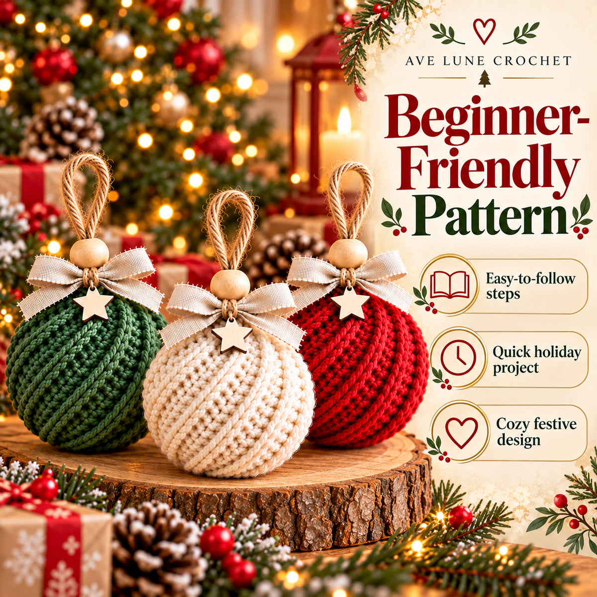 Christmas Ornament Crochet Pattern Bundle PDF, 3 Crochet Bauble Patterns, Beginner Holiday Decor, Digital Download