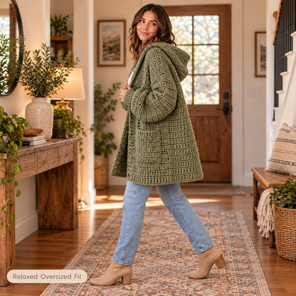 Chunky Hooded Cardigan Crochet Pattern PDF – Oversized Women’s Pocket Sweater