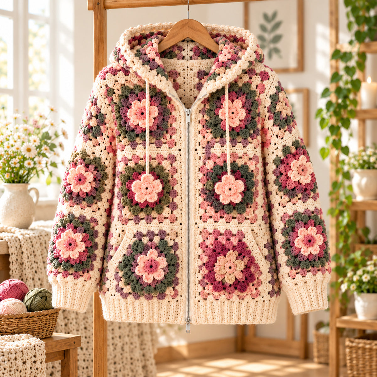 Floral Granny Square Hoodie Crochet Pattern PDF | 3D Flower Zip-Up Cardigan