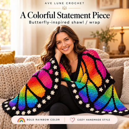 Rainbow Butterfly Wing Shawl Crochet Pattern PDF | Colorful Crochet Wrap