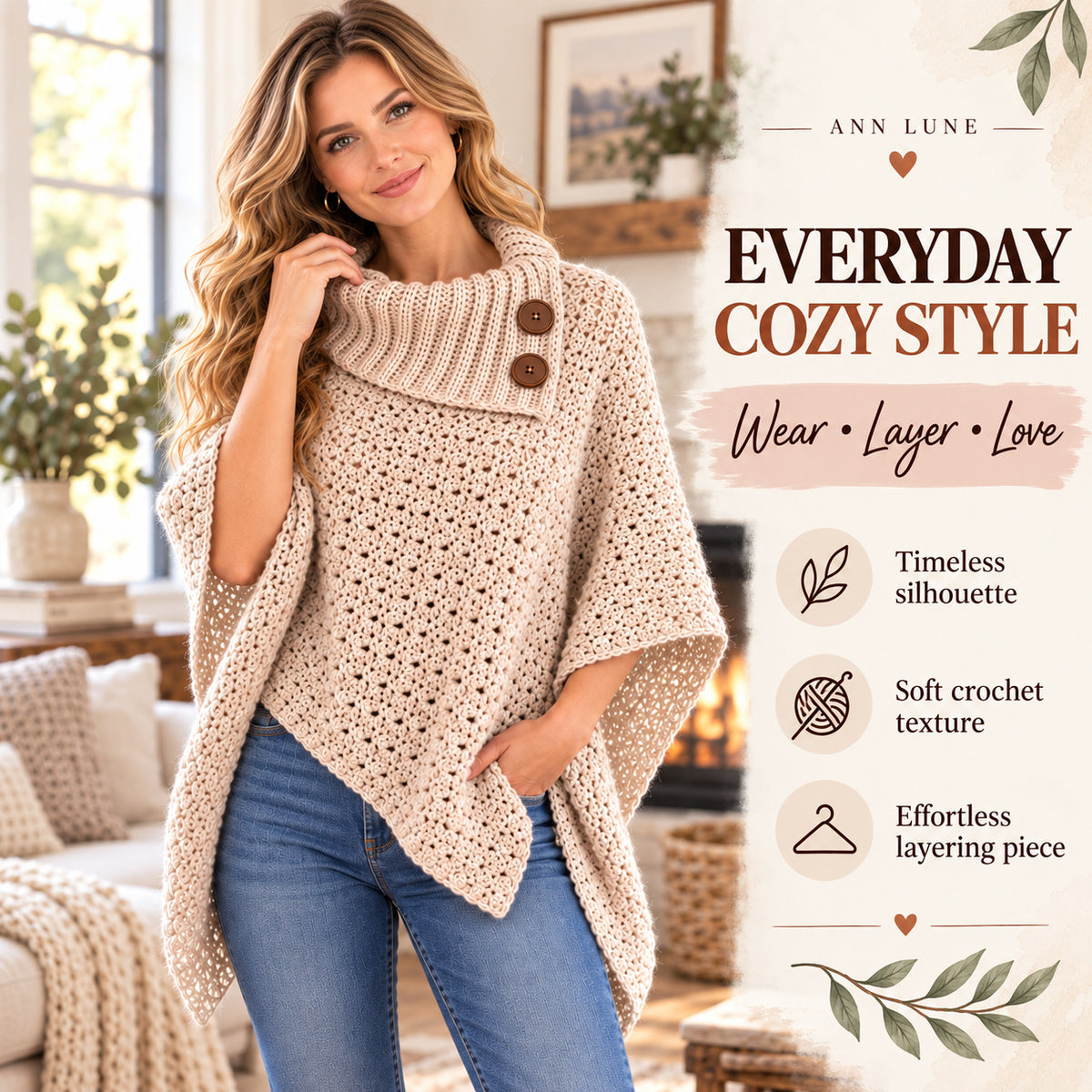 Cozy Buttoned Poncho Crochet Pattern PDF – Women’s Cowl Neck Crochet Poncho & Winter Wrap