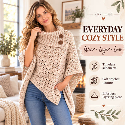 Cozy Buttoned Poncho Crochet Pattern PDF – Women’s Cowl Neck Crochet Poncho & Winter Wrap