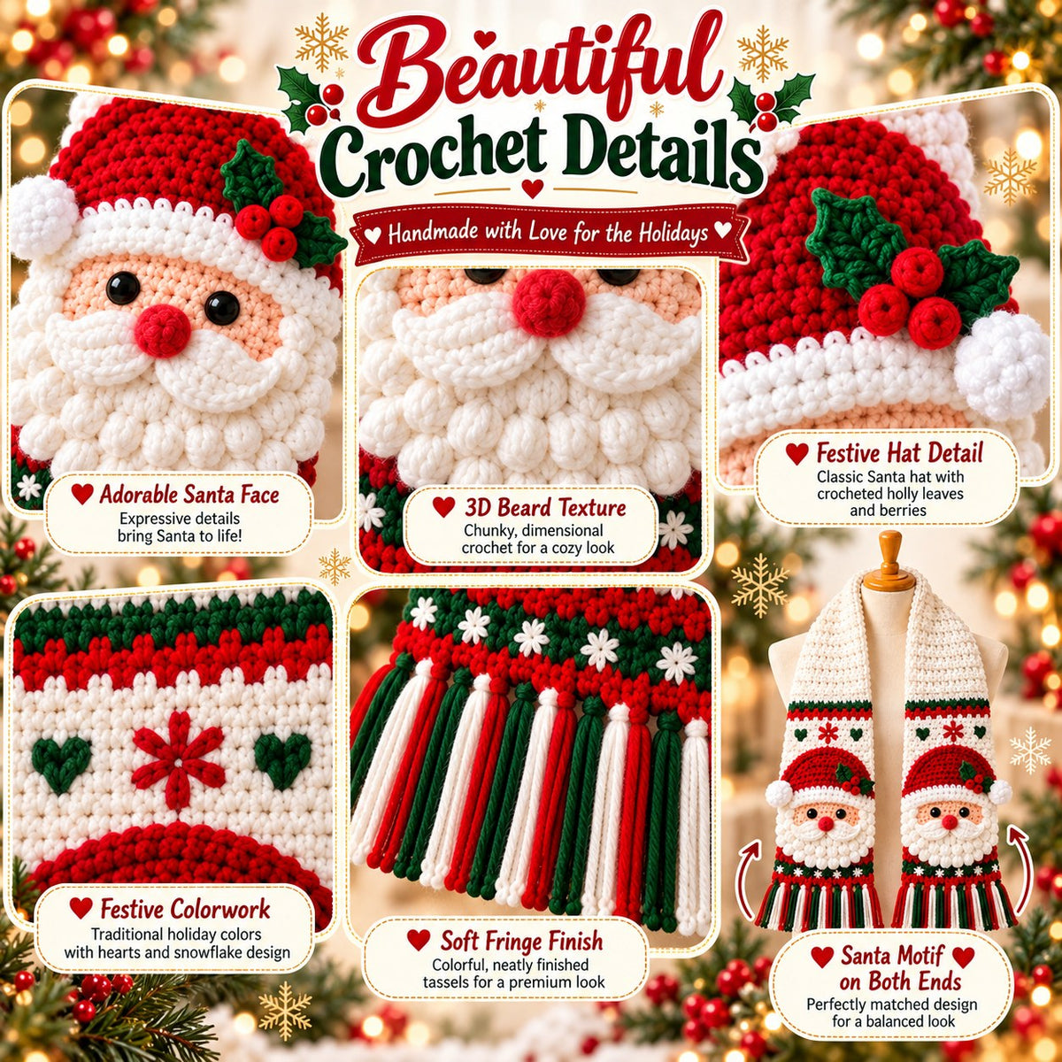 Santa Crochet Scarf Pattern PDF | Christmas Holiday Scarf Pattern
