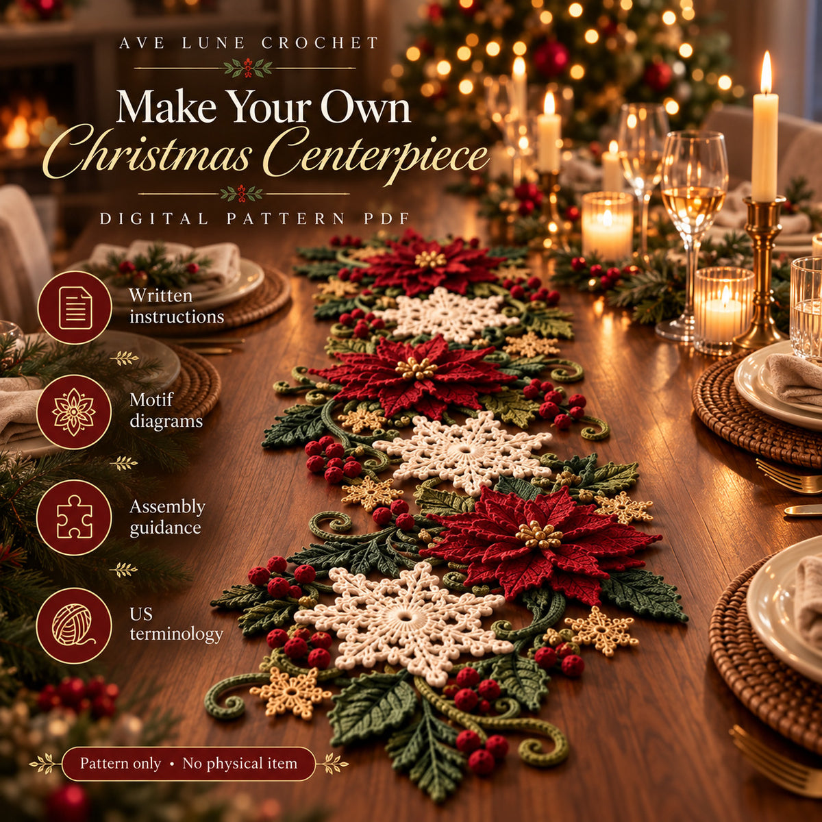 Christmas Table Runner Crochet Pattern PDF | 3D Poinsettia & Snowflake Holiday Table Decor