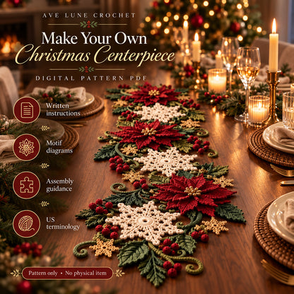 Christmas Table Runner Crochet Pattern PDF | 3D Poinsettia & Snowflake Holiday Table Decor