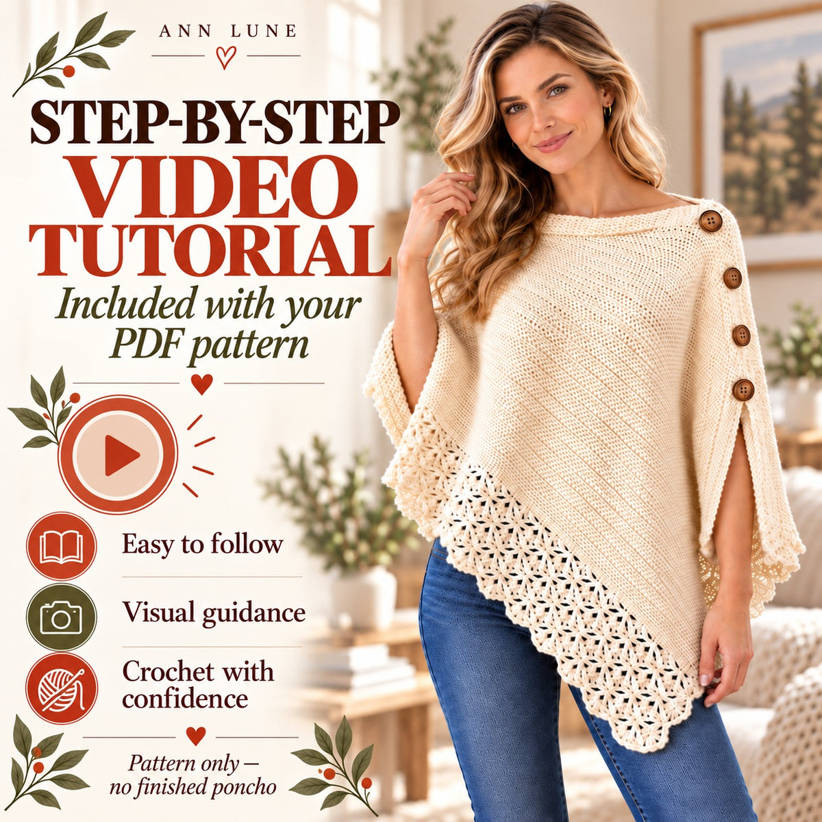 Uptown Poncho Crochet Pattern PDF – Easy Women’s Crochet Wrap with Button Detail & Lace Border