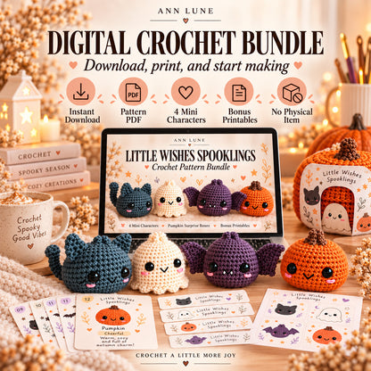 Little Wishes Spooklings Crochet Pattern Bundle PDF – Halloween Cat, Ghost, Bat & Pumpkin Amigurumi