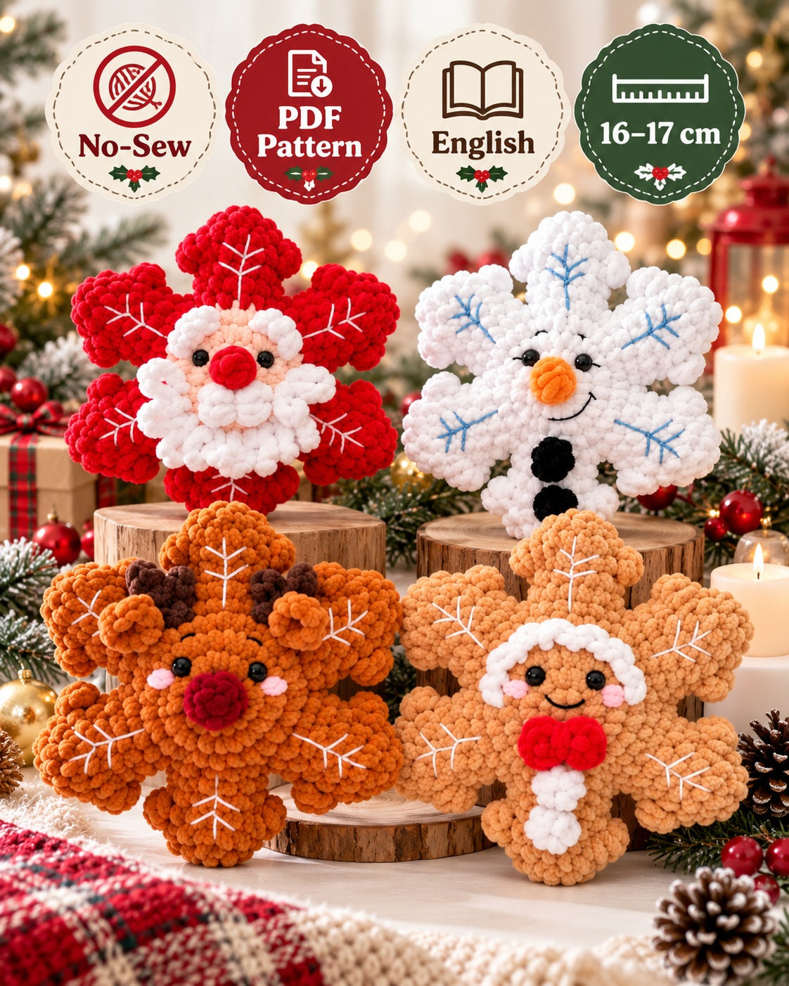 4-in-1 No-Sew Plush Christmas Snowflake Crochet Pattern PDF | Santa, Reindeer, Snowman & Gingerbread