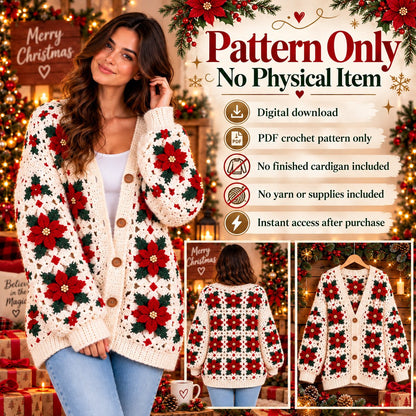 Christmas Poinsettia Granny Square Cardigan Crochet Pattern PDF | Festive Holiday Sweater Pattern | Winter Crochet Cardigan