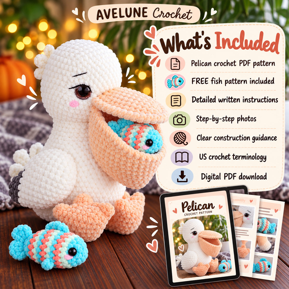 Pelican Crochet Pattern PDF with FREE Fish Pattern | Cute Plush Bird Amigurumi