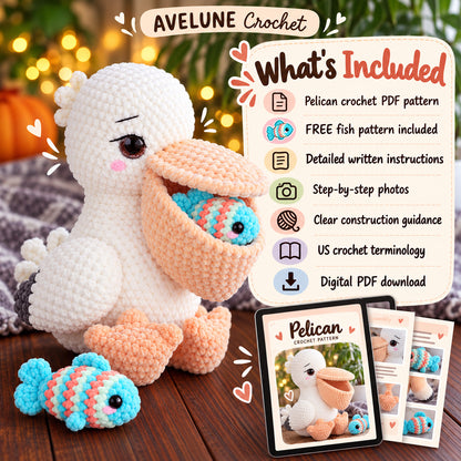 Pelican Crochet Pattern PDF with FREE Fish Pattern | Cute Plush Bird Amigurumi