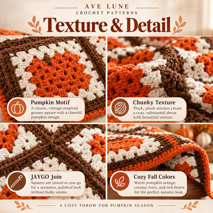 Pumpkin Season Throw Crochet Pattern PDF – Chunky Granny Square Pumpkin Blanket, Fall Home Decor