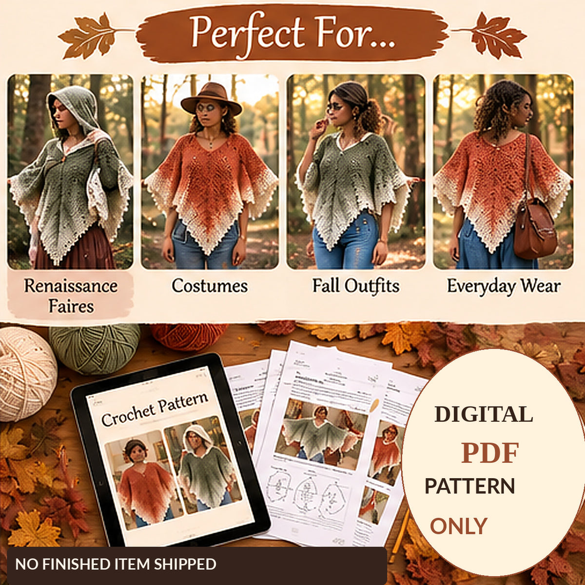 Crochet Leaf Poncho Pattern PDF | Whimsical Fall Cape, Renaissance Faire & Fairy Costume