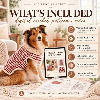 Houndstooth Dog Sweater Crochet Pattern PDF | XXS–3X Pet Sweater + Video Tutorial