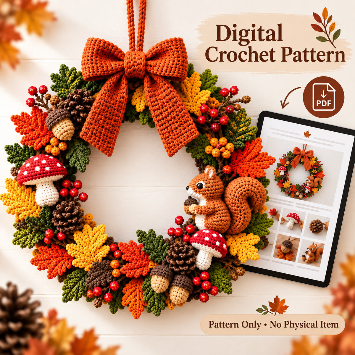 Woodland Autumn Wreath Crochet Pattern PDF – Fall Wreath with Squirrel, Mushrooms & Acorns