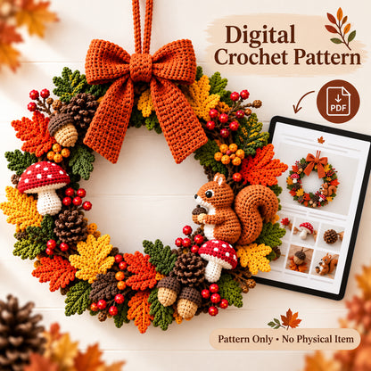 Woodland Autumn Wreath Crochet Pattern PDF – Fall Wreath with Squirrel, Mushrooms & Acorns