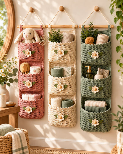 Crochet Wall Organizer Pattern PDF – 3 Sizes, Floral Hanging Storage