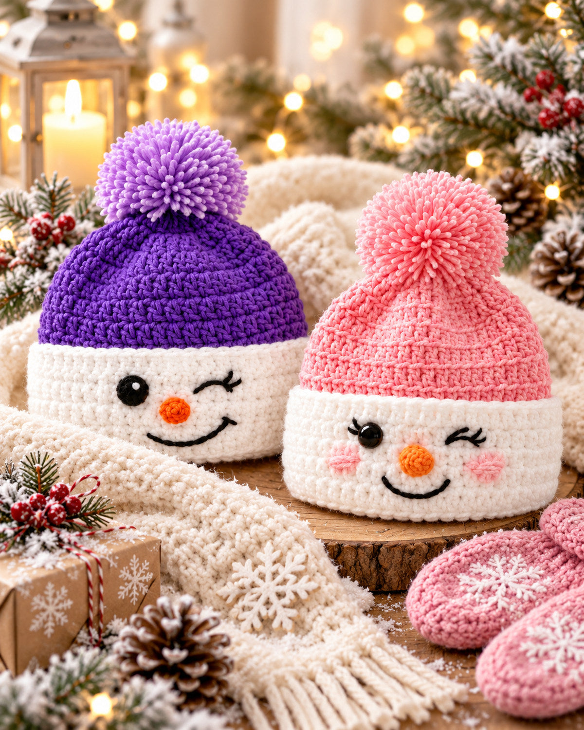 Snowman Crochet Beanie Pattern PDF – Purple & Pink Winter Hat