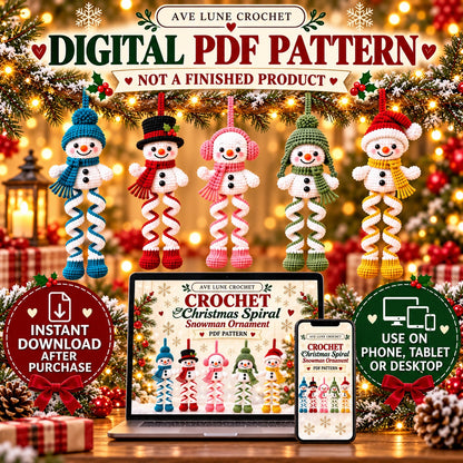 Christmas Spiral Snowman Crochet Pattern PDF – 5 Festive Ornament Designs