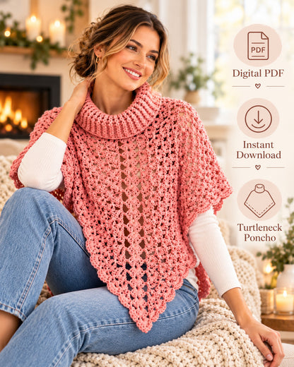Turtleneck Poncho Crochet Pattern PDF – Openwork Lace Poncho for Women