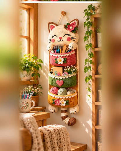 Crochet Cat Wall Organizer Pattern PDF – 3-Pocket Hanging Storage