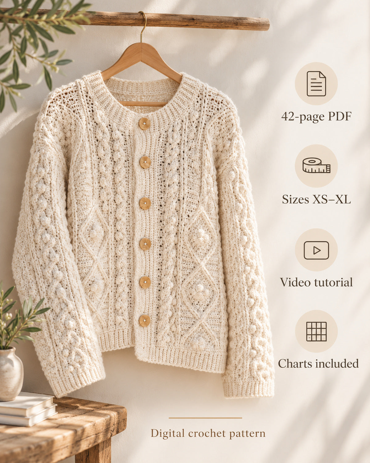 Cable Crochet Cardigan Pattern PDF + Video Tutorial – Cozy Women's Sweater