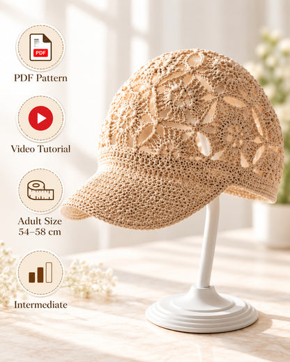 Floral Lace Crochet Cap Pattern PDF + Video – Crochet Baseball Hat