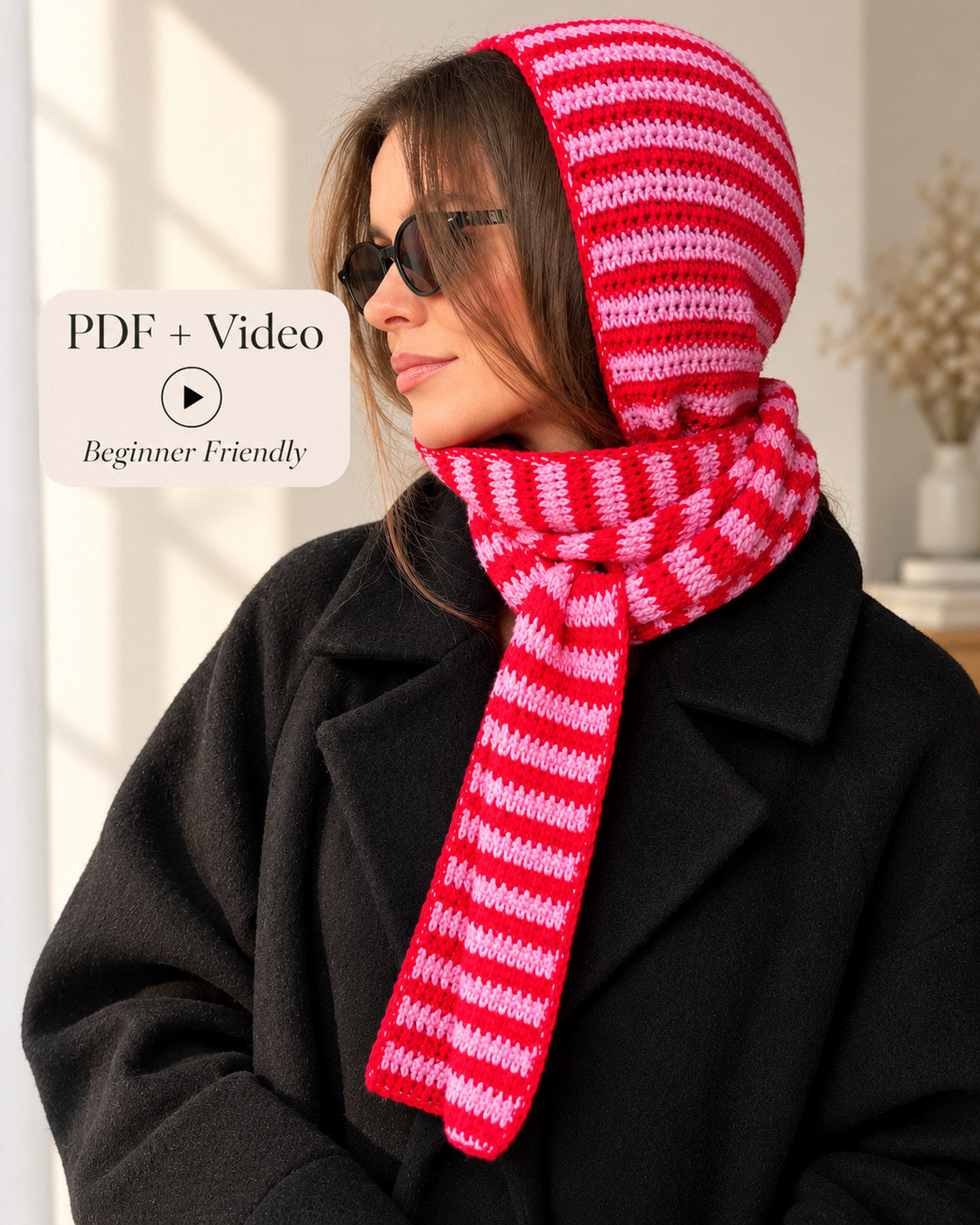 Crochet Hooded Scarf Pattern PDF + Video Tutorial – Striped Sophie Hood