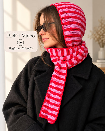 Crochet Hooded Scarf Pattern PDF + Video Tutorial – Striped Sophie Hood