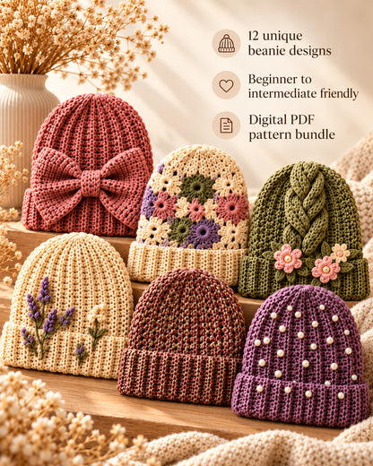 12 Crochet Beanies Bundle – Crochet Hat Patterns PDF | Ave Lune Crochet