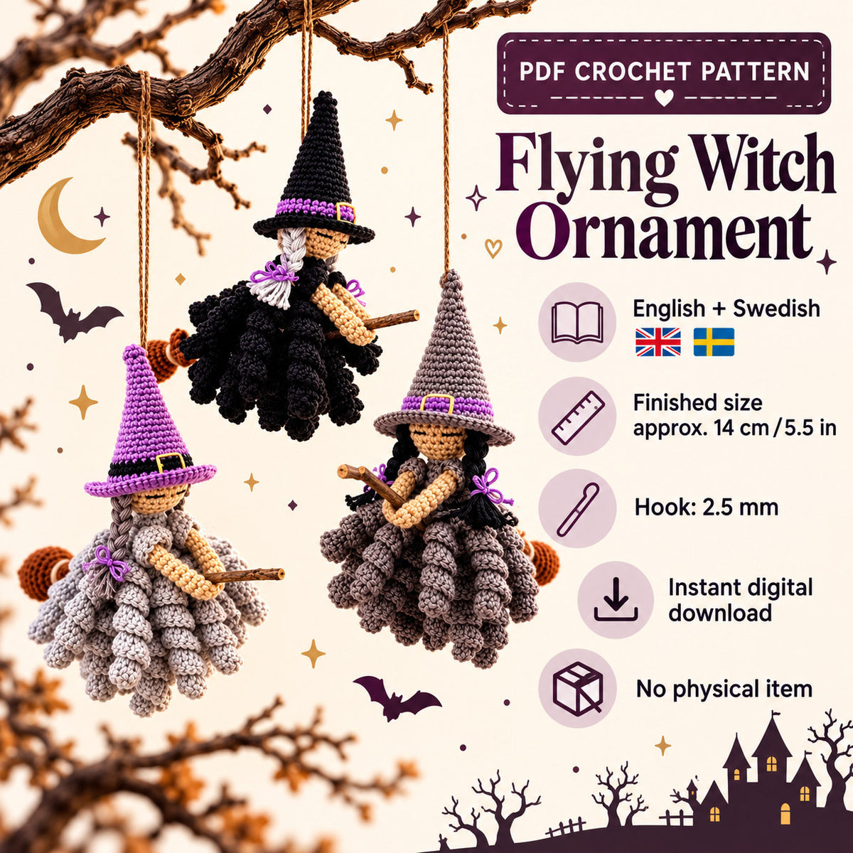 Flying Witch Crochet Pattern PDF – Halloween Witch Ornament