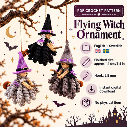 Flying Witch Crochet Pattern PDF – Halloween Witch Ornament