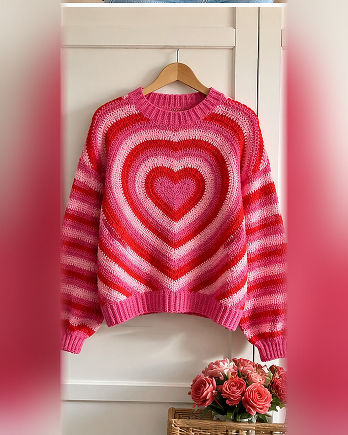 Crochet Heart Sweater Pattern PDF – Pink & Red Striped Pullover