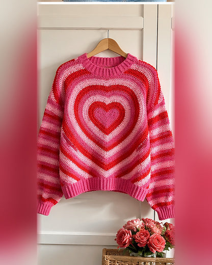Crochet Heart Sweater Pattern PDF – Pink & Red Striped Pullover